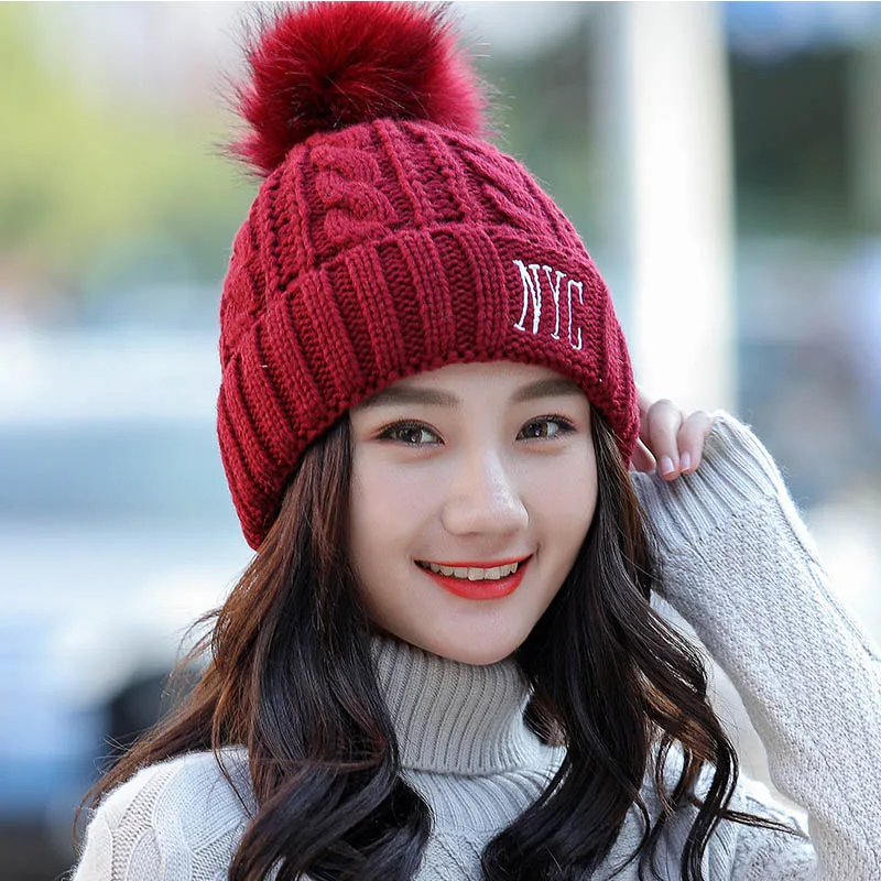 Зимний шар-помпон шерстяная шапка с вышивкой NYC женские зимние шапки