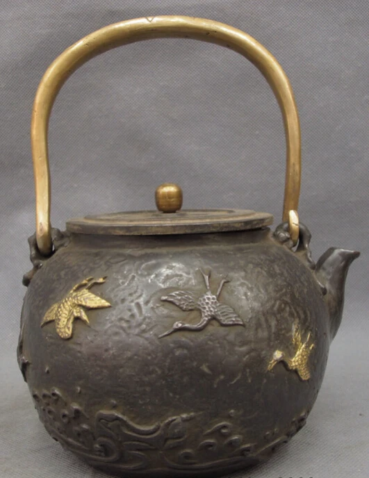 

USPS to USA S1221 Folk Chinese Bronze FengShui Fly Bird Crane Statue Handle Wine Pot Teapot Flagon B0401