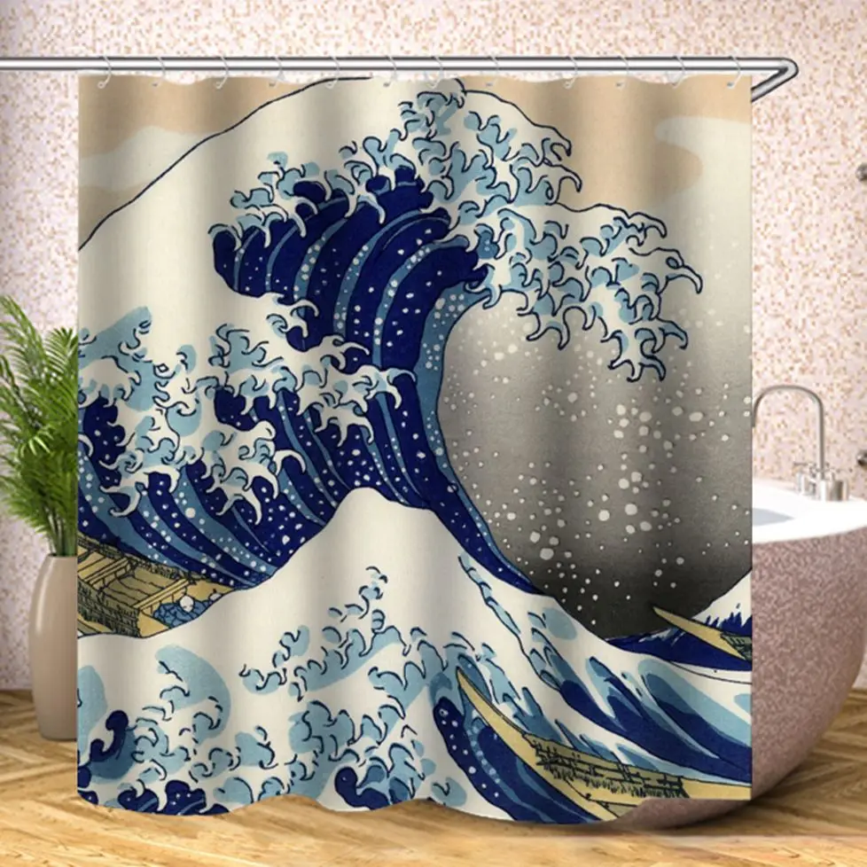 

Japanese bath shower curtain fabric The Great Wave off Kanagawa Shower Curtain with Sea Wave Pattern Waterproof Bathroom
