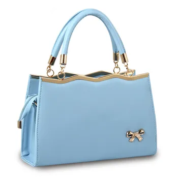 

High Quality Sky Blue PU Office Lady Shoulder Bag Casual Women Handbag Crossbody Clutch Wave Lovely Bownot Zipper