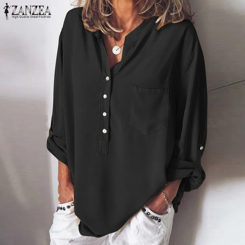 ZANZEA Летняя женская блузка с v-образным вырезом и длинным рукавом, осенняя рубашка, женская элегантная офисная блуза, Женская однотонная туника, топы размера плюс
