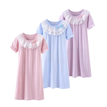 

2018 New Girls Lace Nightgowns 100% Cotton Short Sleeve Sleeping Dresses Girls Sleepwear Dress Kids Pajamas Dress for Girls