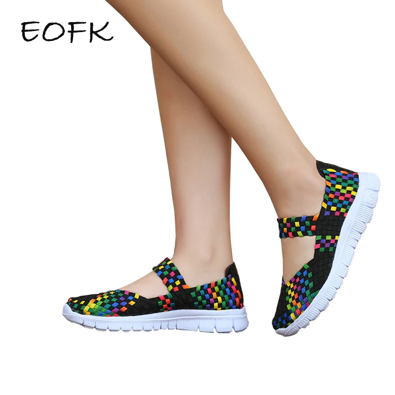 

EOFK Women Woven Shoes Handmade Elastic Woven Flat slip on Nylon Gingham Shoes Woman
