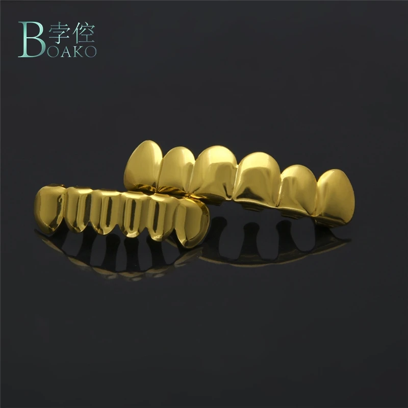 BOAKO Hip Hop Teeth Grillz Set Silver Gold Tooth Top Bottom Caps Punk False Dental Grills For Women Body Jewelry Cosplay Party