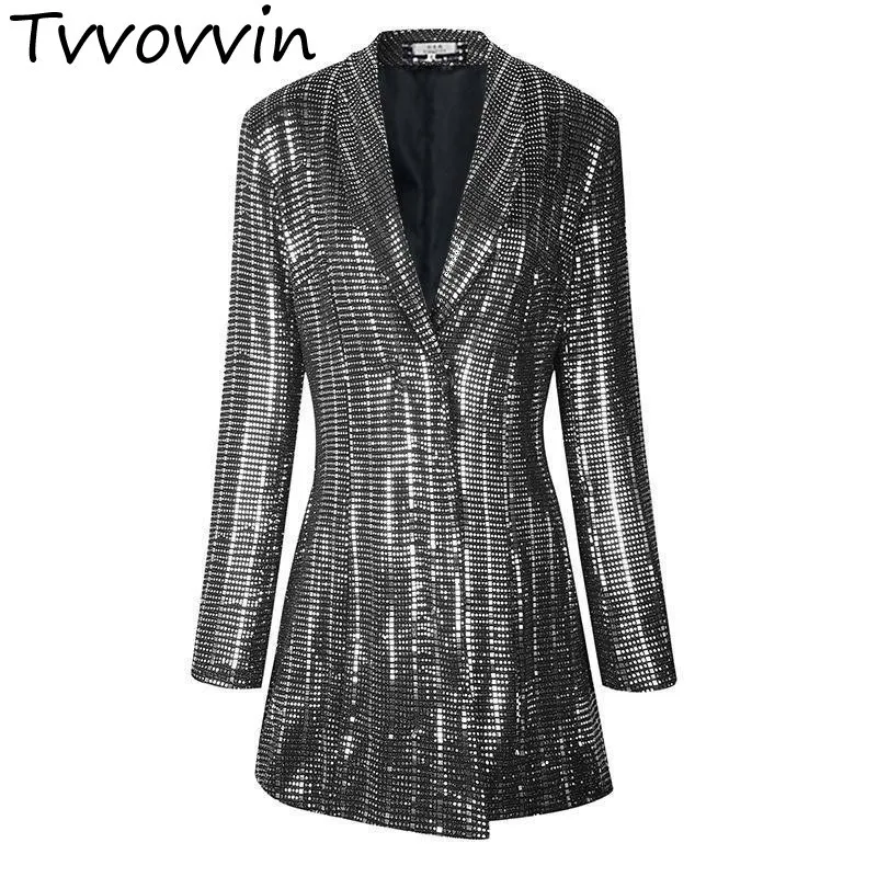 

TVVOVVIN Women Blazer Temperament Sequins Ladies Blazer Jacket Sleeve Single Button Spring Jacket Women Long Suit Blazer V152
