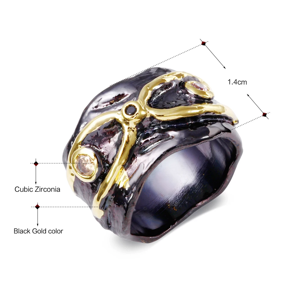 DreamCarnival 1989 Unique Women Wide Band Type Infinity CZ Bezel Set Black Gold Color Party Style Ring Gothic Jewelry ZR14176