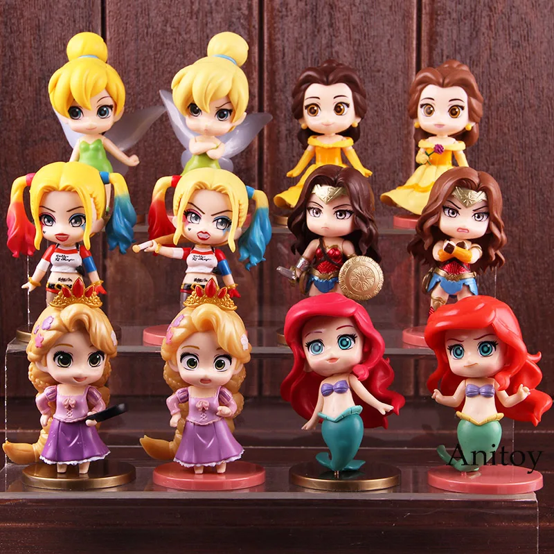 

Q Version Princess Ariel Belle Tinker Bell Tangled Rapunzel Toys Wonder Woman Harley Quinn Action Figure PVC Toy Doll 6pcs/set