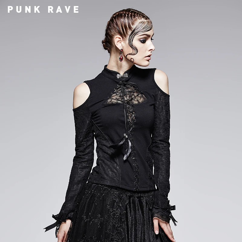 

Punk Rave Gothic Stand-up Collar Vintage T-shirt Steampunk Off-shoulder Sexy Hollow Out Tops Shirt