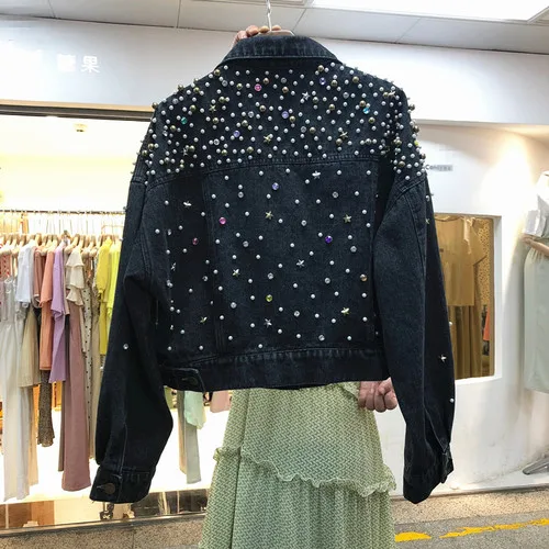 black coat Neploe/модные уличные джинсовые шорты, женские куртки с заклепками и бриллиантами, Подиумные пальто, женская Корейская Весенняя укороченная куртка года, 90104 - Цвет: black coat