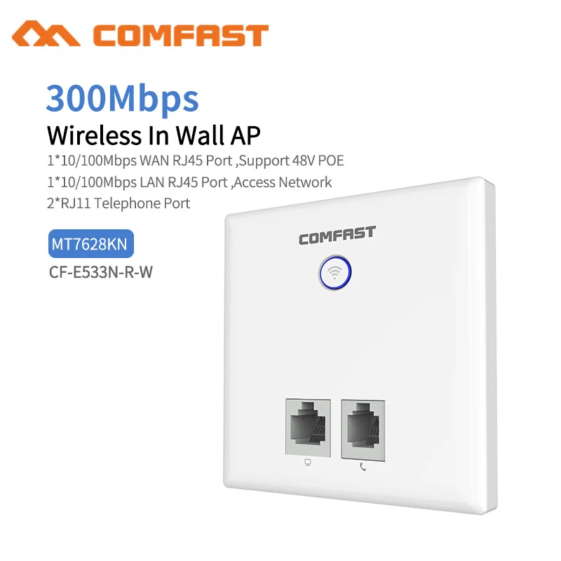 

Comfast 300Mbps in Wall AP for smart Hotel Embedded Access Point AP Wi-Fi Wireless Support 48V POE RJ45/RJ11 Wireless Repeater