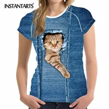 INSTANTARTS Женская Профессиональная футболка для фитнеса, бега, занятий спортом синяя джинсовая Футболка с принтом кота собаки летняя футболка с коротким рукавом для занятий йогой