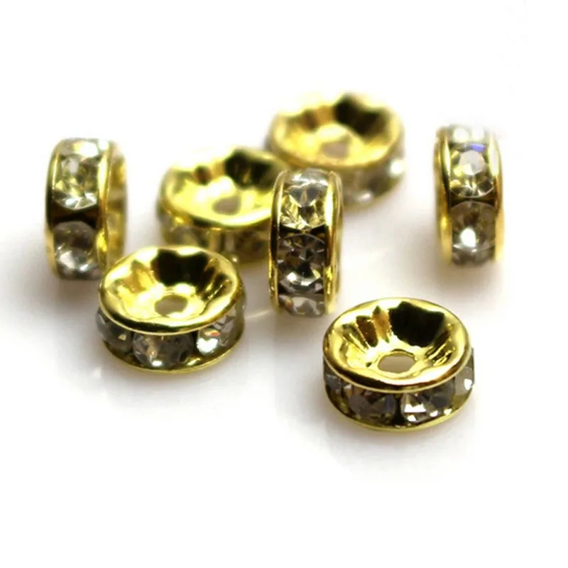 50pcs/lot 6mm 8mm 10mm Gold Silver Black Crystal Rhinestone Rondelles Beads Loose Spacer Beads