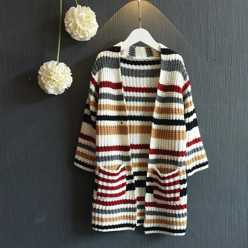 

[Bosudhsou.] JH-80 New Winter Coat Thick Twist Sweater Girls Long Section Full-sleeved Knit Colorful Cardigan Children Clothing