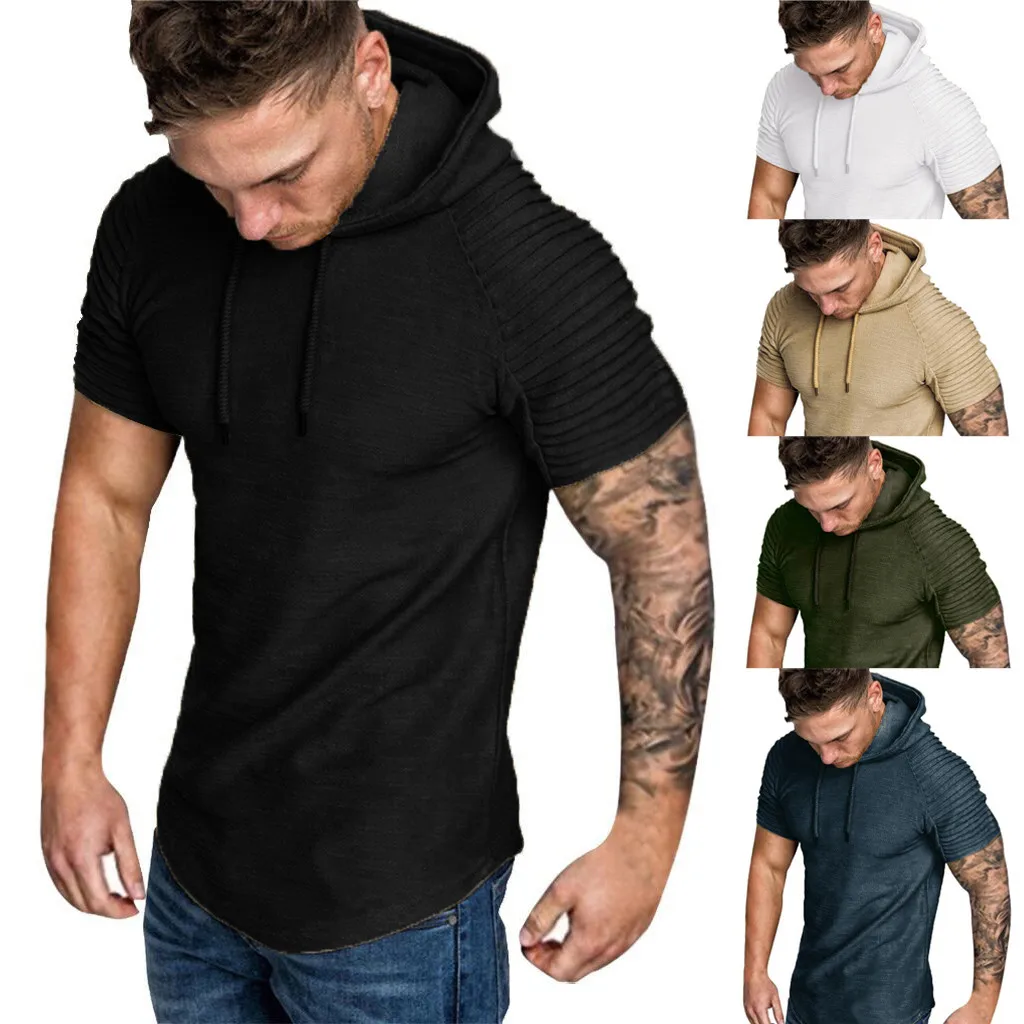 

Summer T shirt men harajukuFashion Mens Autumn Winter Pleats Slim Fit Raglan Short Sleeve Hoodie Top Blouse camisetas hombre