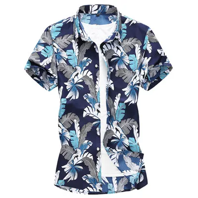 Summer New Men Floral Printed Hawaiian Vacation Party Casual Shirts Hip Hop Fashion Short Sleeve Black Shirt Plus Size 6XL 7XL - Color: 5391 blue