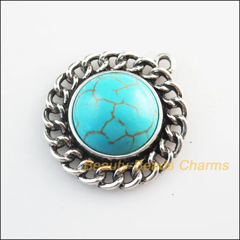 

2 New Retro Charms Tibetan Silver Tone Stone Round Flower Pendants 28x31mm