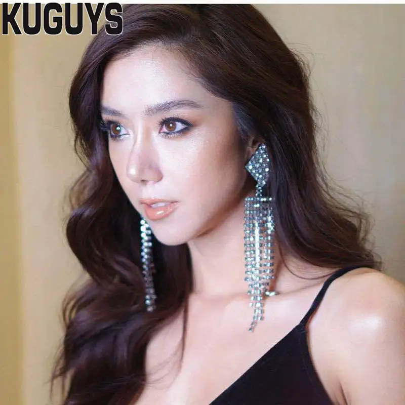 

KUGUYS Fashion Jewelry Trendy Crystals Long Tassel Earrings for Women Hyperbole Square Drop Earring Brincos Party Accessories