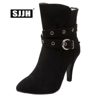 

SJJH Women Flock Short Boots with Point Toe Slip-on Plush Ankle Martin Boots Fashion Elegant Working Shoes Large Size Q332