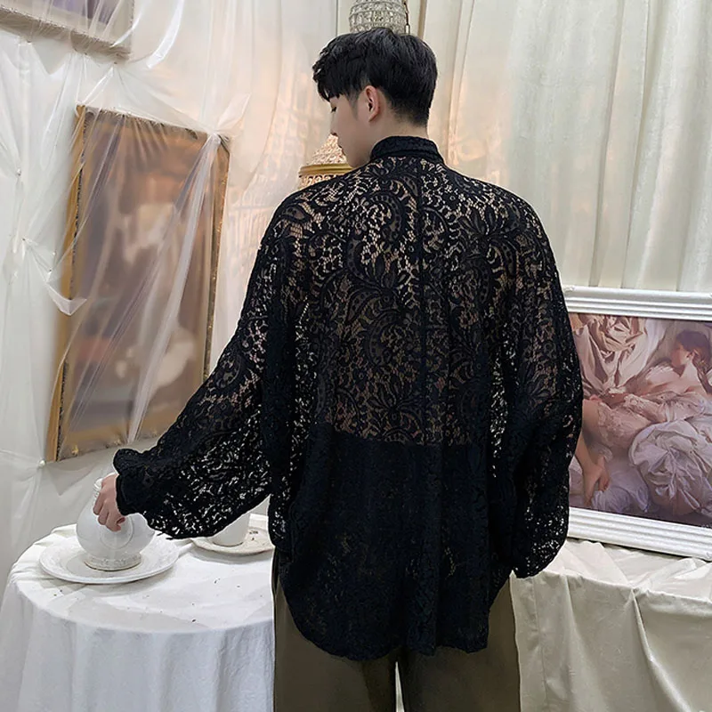 XIU LUO brand Men Loose Long Sleeve Translucent Lace Shirt Male Women Streetwear Hip Hop Party Casual Dress Shirts