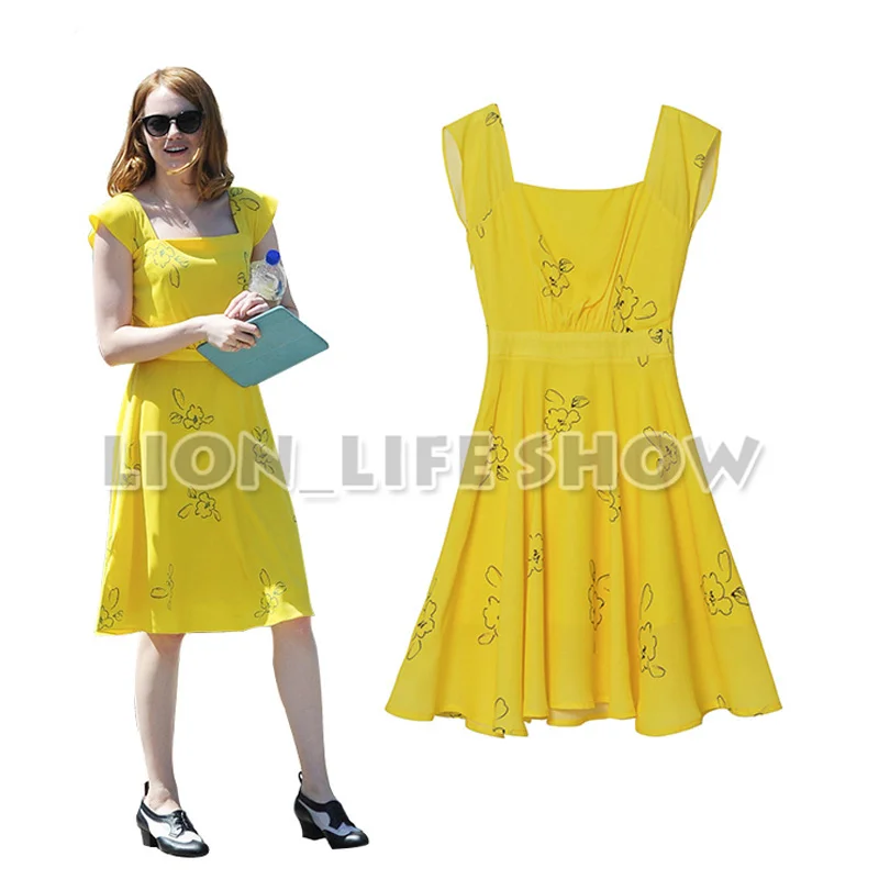 la la land Emma Stone Mia Short Sleeve Summer Yellow Backless dress Women Vintage Long Dresses Printed Flowers Cosplay Costume