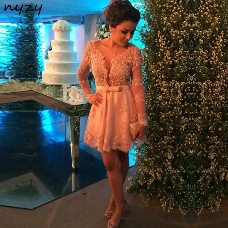 Платье Vestido, коктейльное платье,, сексуальное, с открытой грудью, с длинным рукавом, с жемчужинами, расшитое бисером, короткие, вечерние, выпускные, для встречи выпускников, NYZY C19 - Цвет: pearl pink