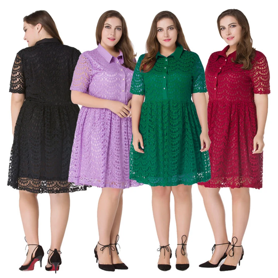 

Plus Size Dresses For Women 4xl 5xl 6xl 2019 New Turn-Down Collar Summer Casual Lace Vintage Dresses