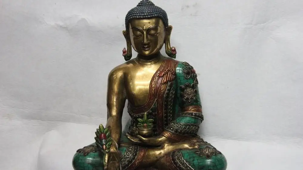 

15 Tibetan Copper Gilt inlay turquoise Ruby beryl Bhaisajyaguru Sakyamuni Buddha