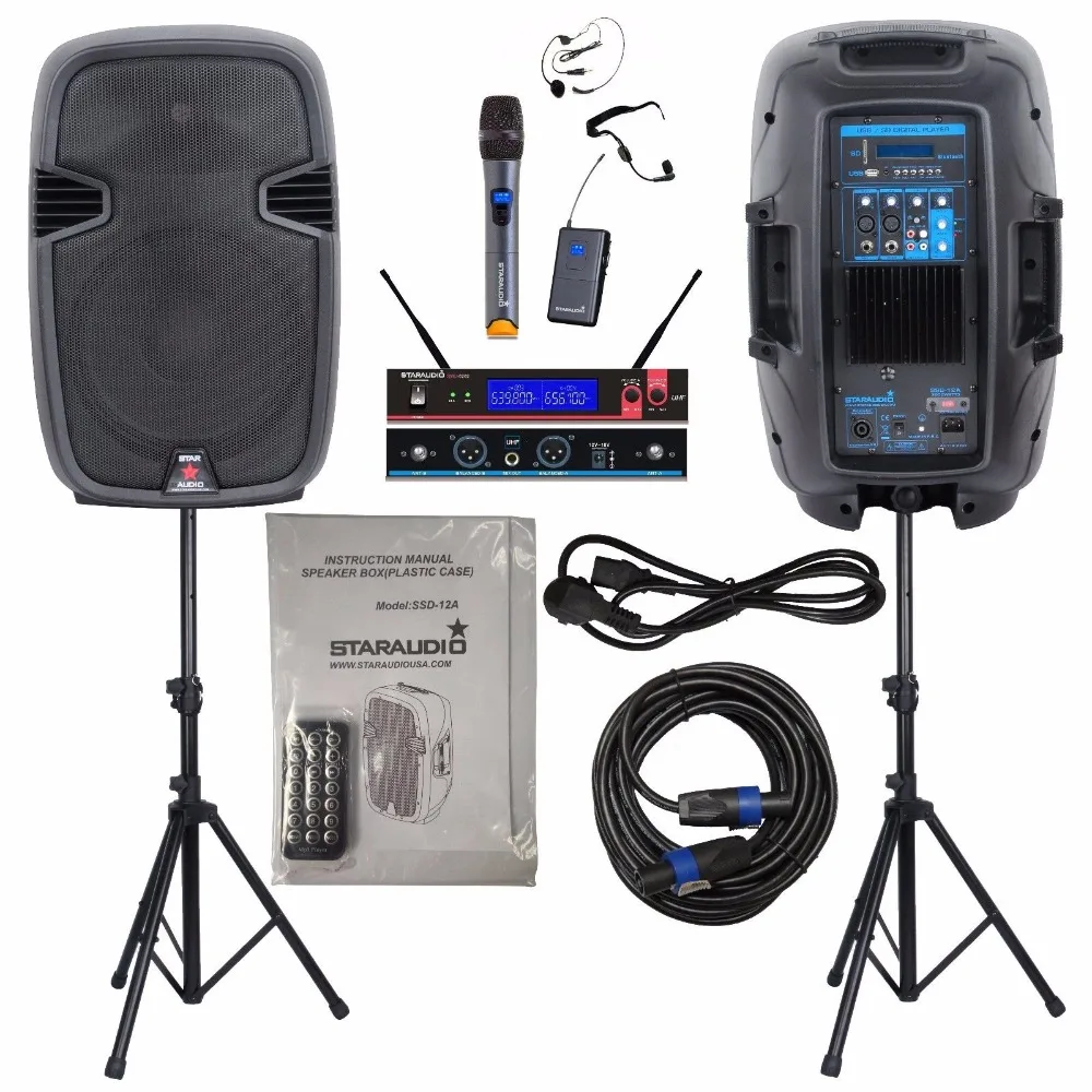 

STARAUDIO 2Pcs 12inch 2000W PA DJ Stage 2-Way Powered Speakers With Stands Cable 2CH UHF Church Microphones Wired Mic SSD-12A