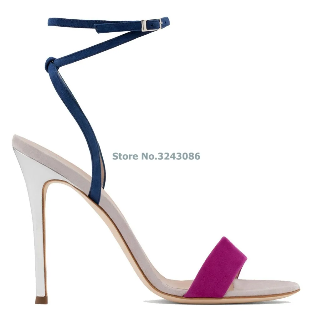 

Open Toe Single Strap Thin High Heels Sandals Rose Red Suede Ankle Strap Stiletto Heel Shoes Color Blocking Summer Women Shoes