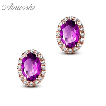 

AINUOSHI Natural Amethyst Halo Earring 4ct Oval Cut Gem Engagement Party Women Jewelry Yellow Gold Color 925 Silver Stud Earring