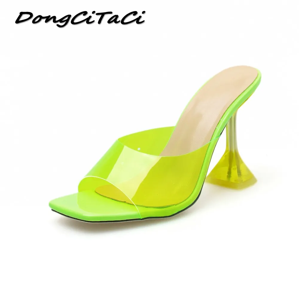 

DongCiTaCi Women Clear Transparent High Heels Sandals Slippers Neon Yellow Crystal Peep toe Beach Sandals Summer Shoes Woman