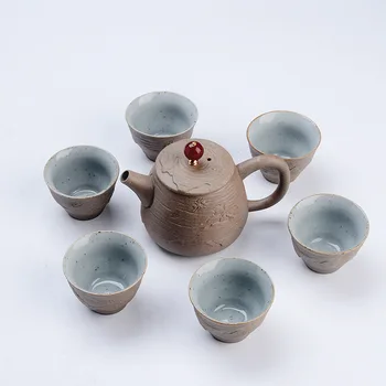 

Coarse pottery Kung Fu Tea Set 6 cups 1 tea pot, Teapot Handmade Tea Pot Cup Set ,Ceramic Chinese Tea Ceremony Gift