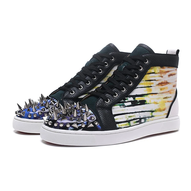 

luxury Brand Rivets Mens Sneakers Fahsion Printed High Top Lace Up Loafers Street Style Party Dress Shoes Men zapatos de mujer