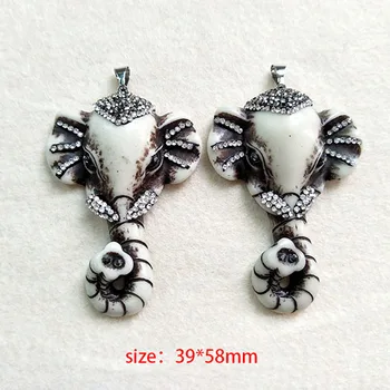 

5pcs Natural Ox Bone elephant trunk Pendant,with rhinestone crystal Zircons Paved Charms for DIY jewelry necklace making P200