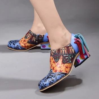 

Fringe High Heels Shoes Women Print Genuine Leather Pumps 4cm Ladies Ethnic Handmade Shoes Plus Size EU42 Sapato Feminino
