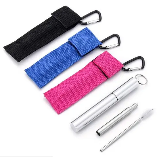 50sets/lot Telescopic Drinking Straw Brush Set Keyring Portable Stainless Steel Reusable Straw With Brush Set With Key Chain