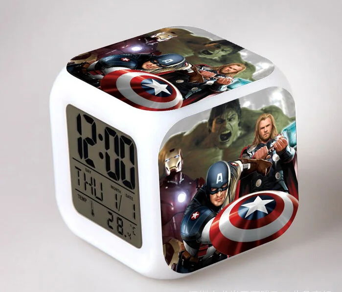 Marvel Мстители изменение цвета светодиодный Будильник фигурка Капитан Америка Железный человек цифровой Куб декор Освещение игрушки