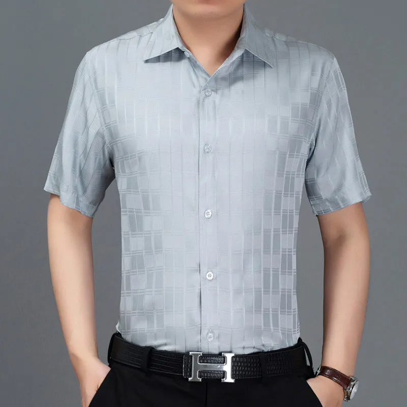AYUNSUE Новая Летняя мужская рубашка с коротким рукавом клетчатая шелковая рубашка мужские формальные рубашки Social White Camisa Masculina 3909 KJ1938