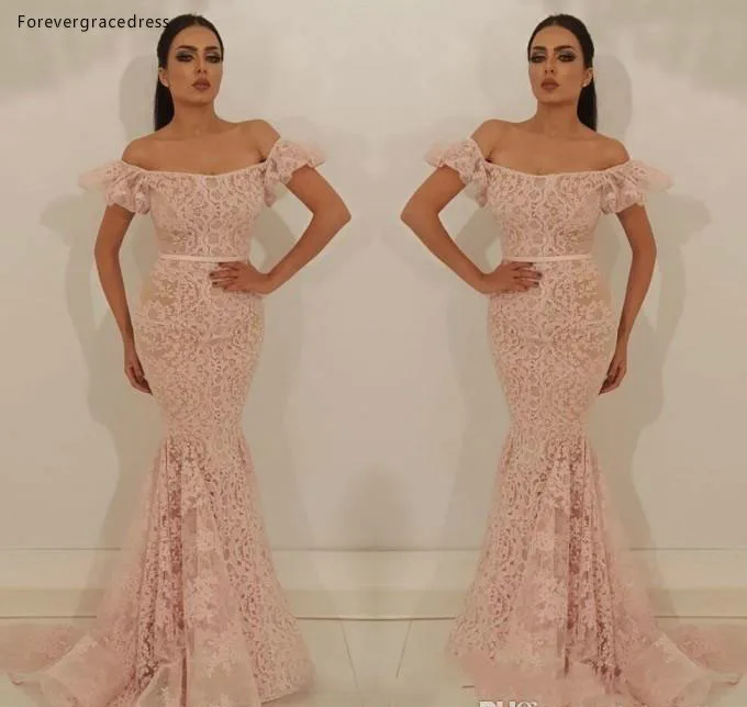 Glamorous Pink Mermaid Lace Evening Dress 2019 Arabic Elegant Off Shoulders Appliques Long Pageant Party Gowns Prom Dress  141