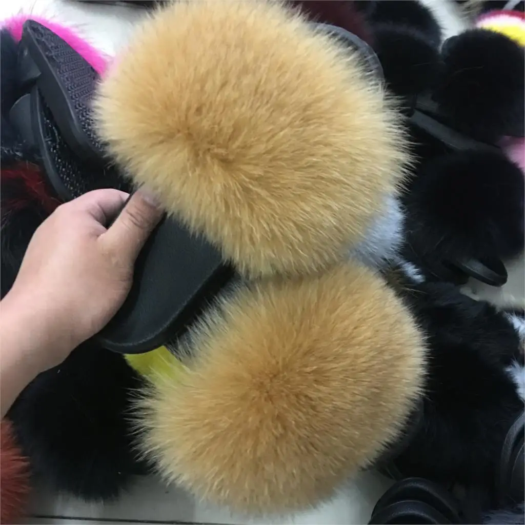 Real Fur Slippers Women Fox Home Fluffy Sliders Winter Warm Hot Raccoon Furry Summer Flats Sweet Ladies Shoes Large Size 45 Home