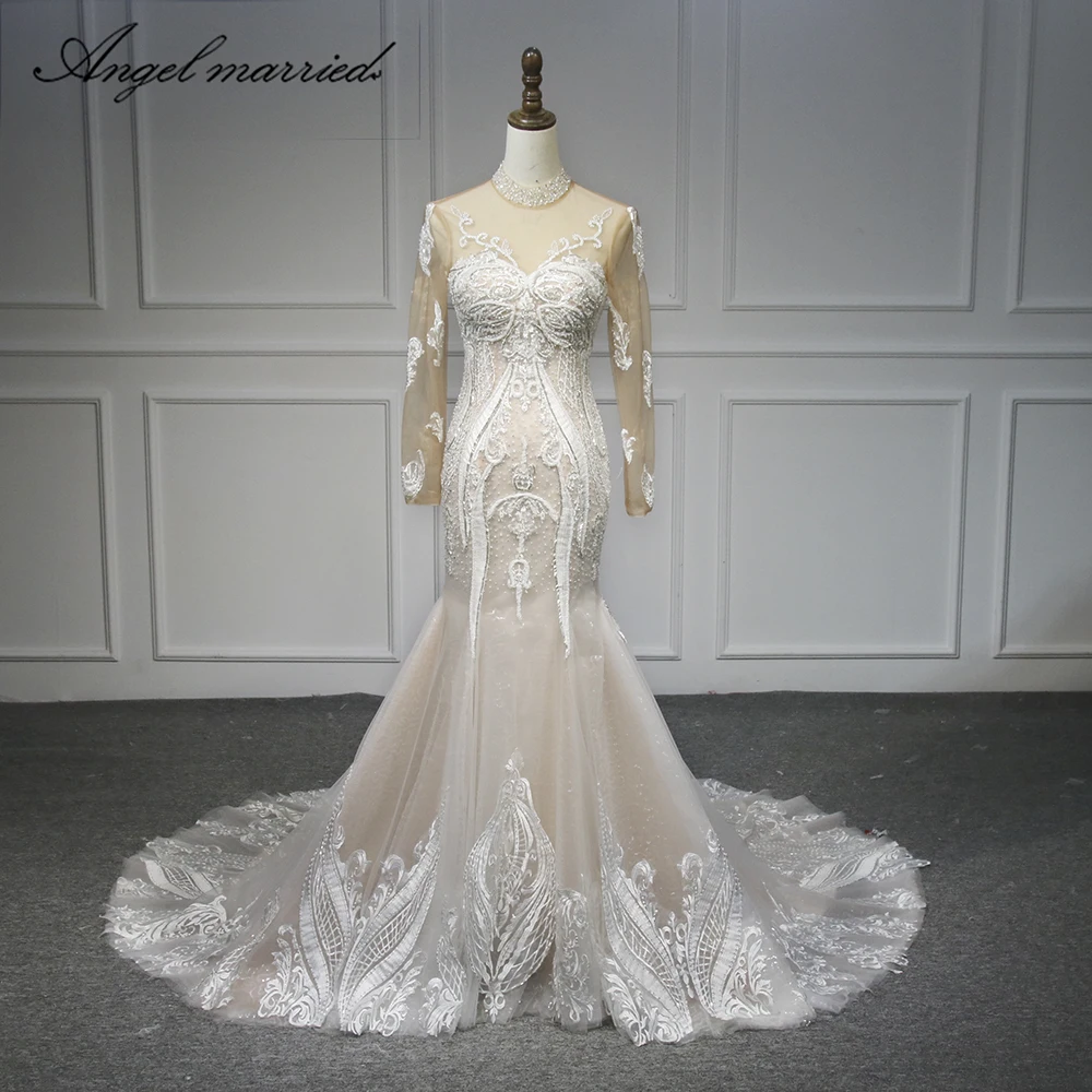 Angel married wedding dresses mermaid lace long sleeve beading Bridal