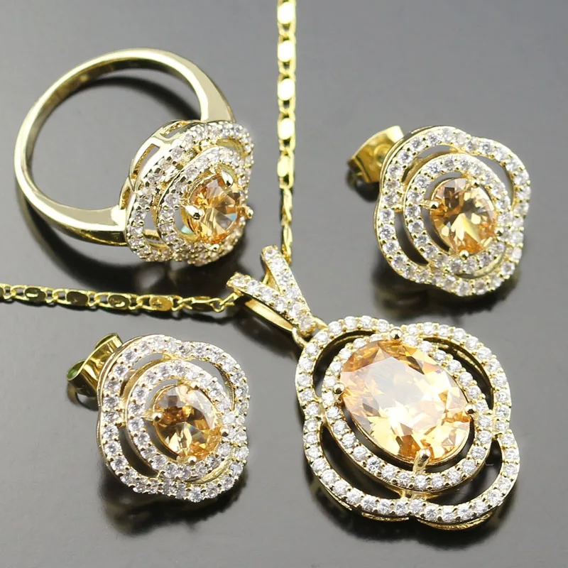 Gold Color Jewelry Sets For Women Orange Crystal White Zircon Necklace