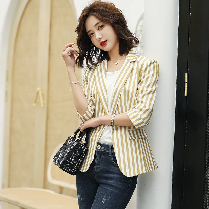 

Striped Jacket for Women Summer Wear Female Casual Style Breathable Coat Half Sleeve Blazer Single Button Tops Outwear