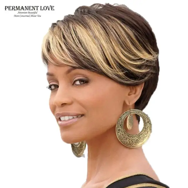 Ombre Short Wigs For Black Women Black Rooted Side Bangs Blonde