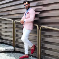 Льняной розовый мужской костюм умный повседневный уличный Мужской Блейзер пиджак брюки Slim Fit смокинг костюмы для свадьбы выпускного