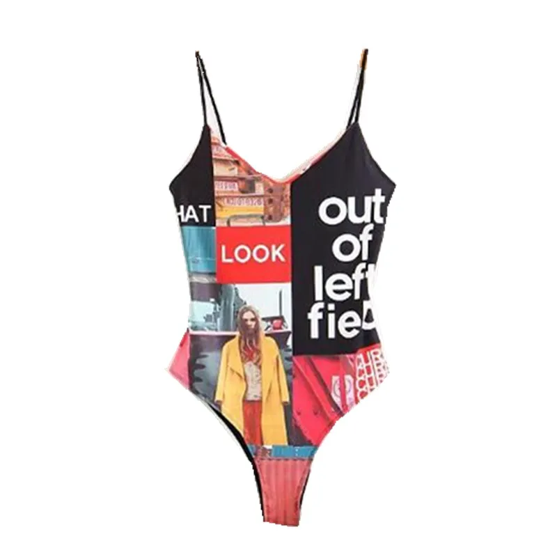 

Sexy Colored Portrait Face Letter Print Backless Bodysuit 2018 Woman O neck Spaghetti Strap Short Jumpsuit Rompers Playsuits