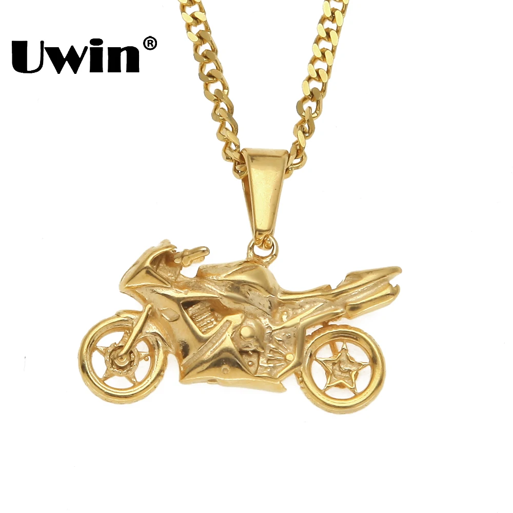 Uwin Gold Color Motorcycle Motor Bike Rider Pendant Necklace Mens
