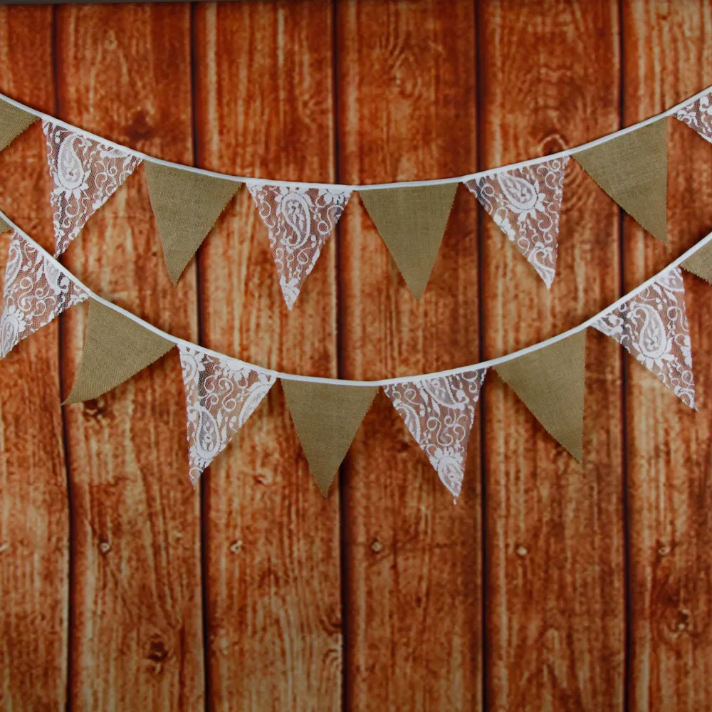 

12 Flags - 3M Vintage Burlap Wedding Decor Flower Lace Linen Fabric Bunting Banners Party Birthday Gardern decoration