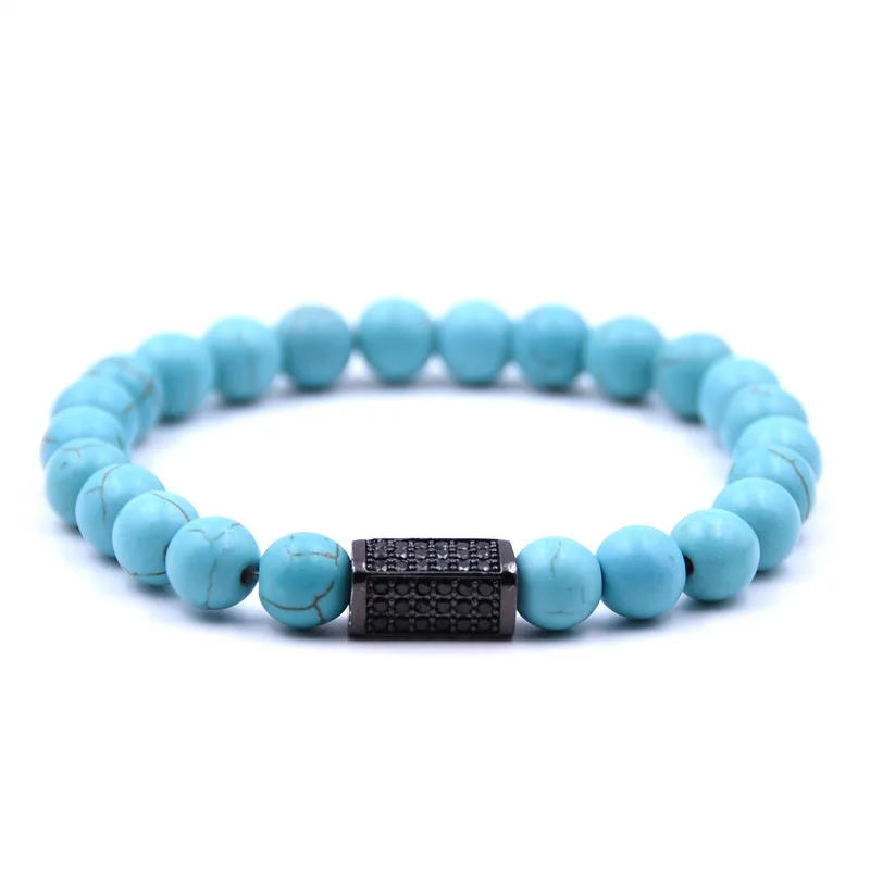 

KANGKANG Hot Selling Blue natural stone Bracelet Micro-inlay Zirconia 4 colors Quadrangular prism 8mm Elastic Rope Bead Bracelet