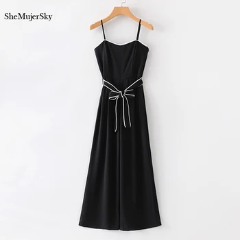 

SheMujerSky Black Long Jumpsuit Spaghetti Strap With Belt Wide Leg Rompers Womens Backless Jumpsuits
